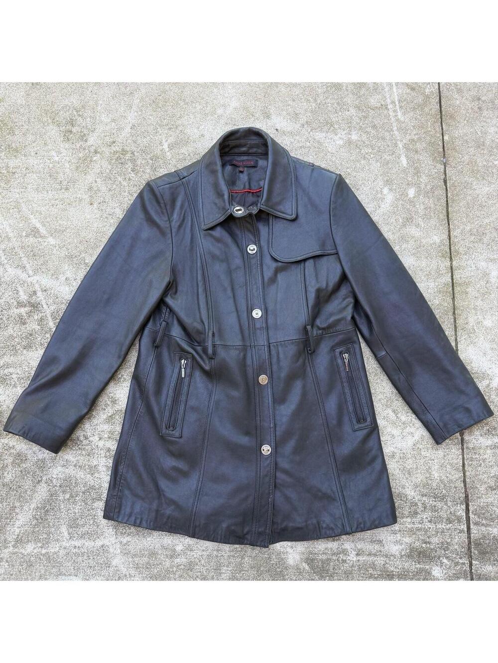 Anne Klein Black Leather Button-Up Jacket Large
